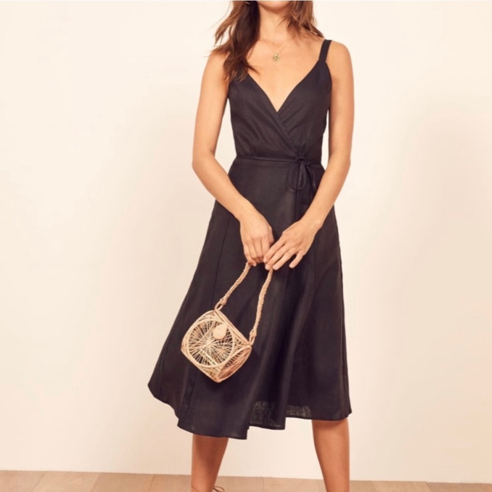 Reformation Beverly Midi Black Linen Wrap Dress